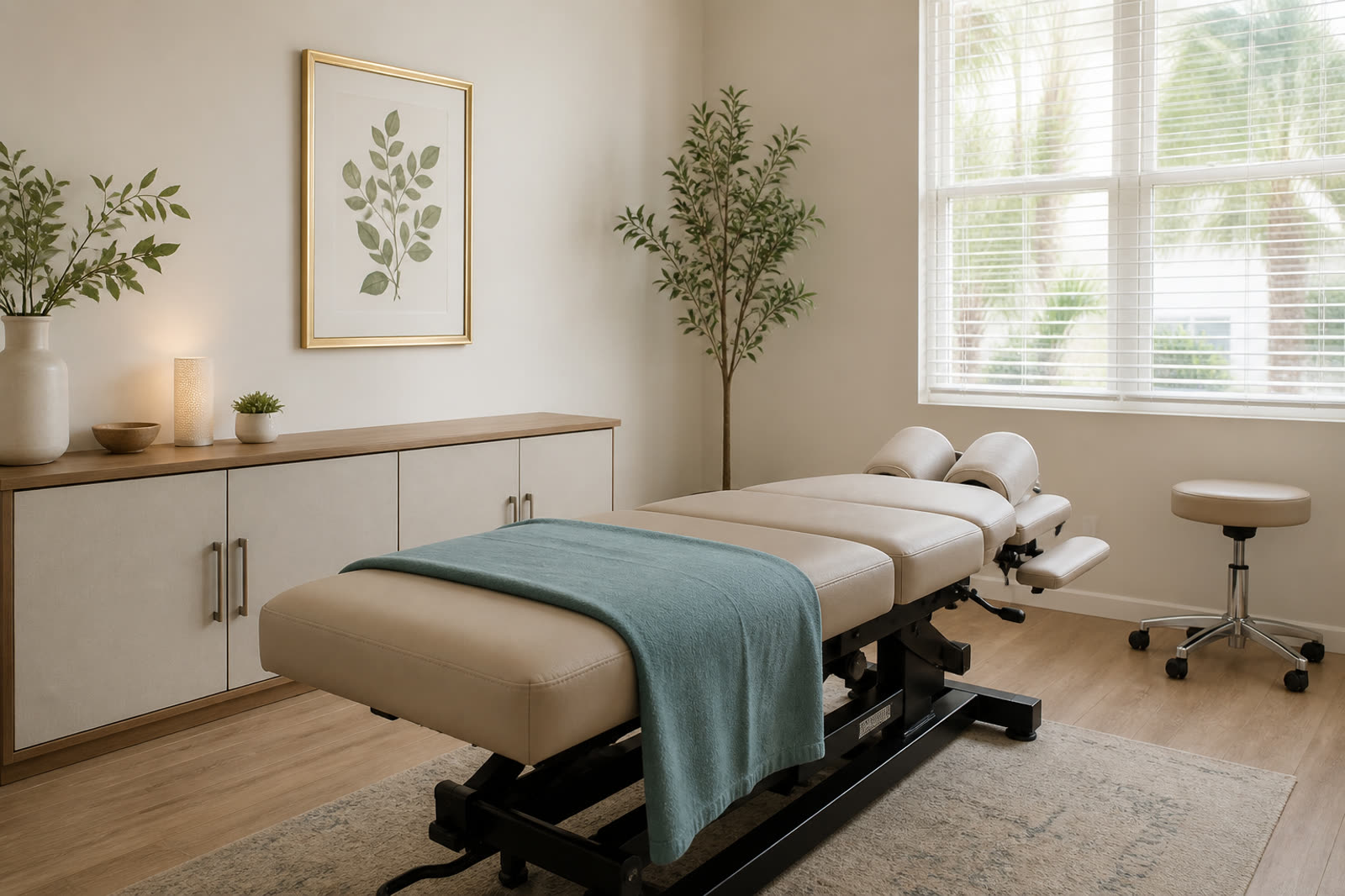 Empty chiropractic treatment room with an adjustment table