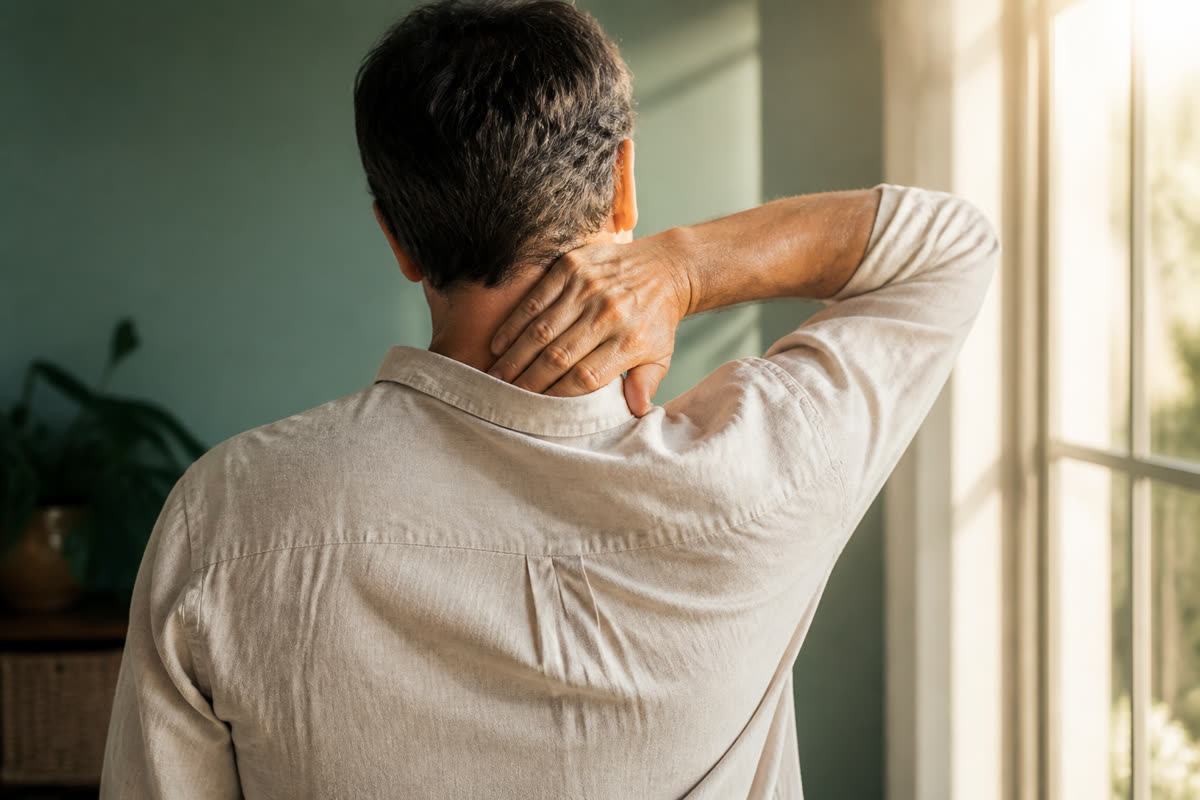 Person seen from behind holding the back of the neck